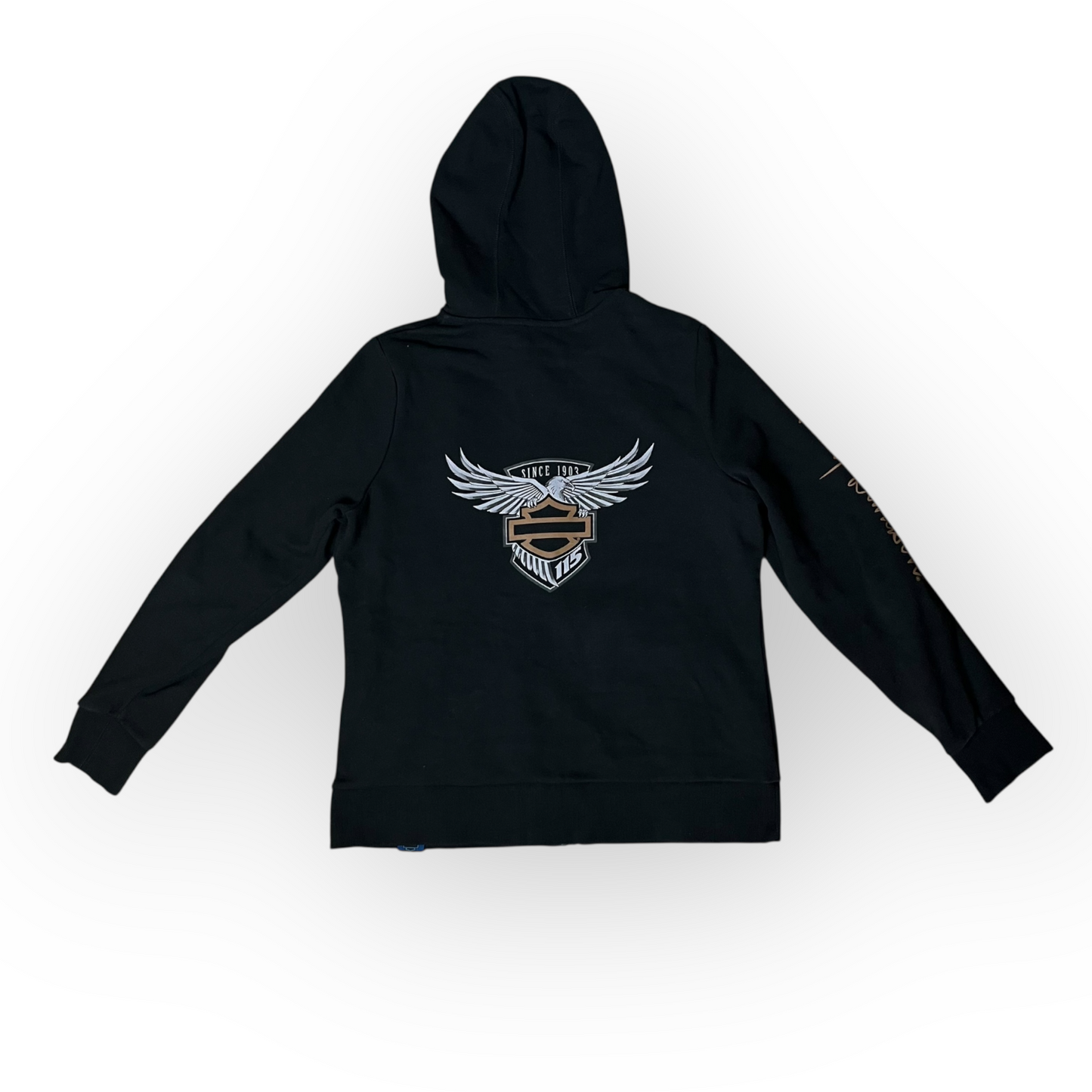 Harley Davidson "115 Years Eagle" Y2K Graphic Zip-Up Hoodie (Дамско)