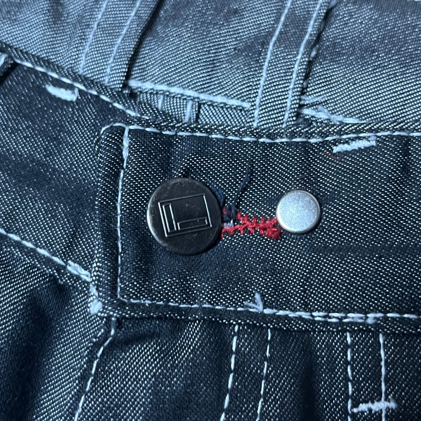 FUBU x Eminem Slim Shady "The Collection" Metallic Grey/Silver Denim Vintage 90's Y2K Hip-Hop Embroidered Reversible Carpenter Jeans !RARE!