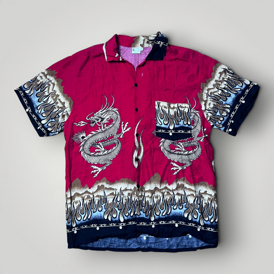 Pareo Firetta Vintage 2000's Y2K Dragon Flame Japanese Style Graphic Button-Up Shirt