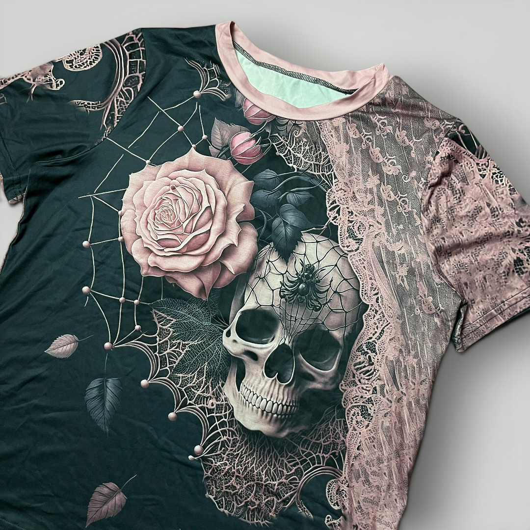 Rose Dust Grey Skull Y2K All Over Print Graphic T-Shirt