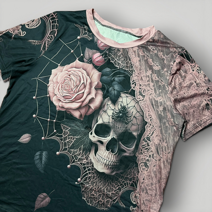 Rose Dust Grey Skull Y2K All Over Print Graphic T-Shirt