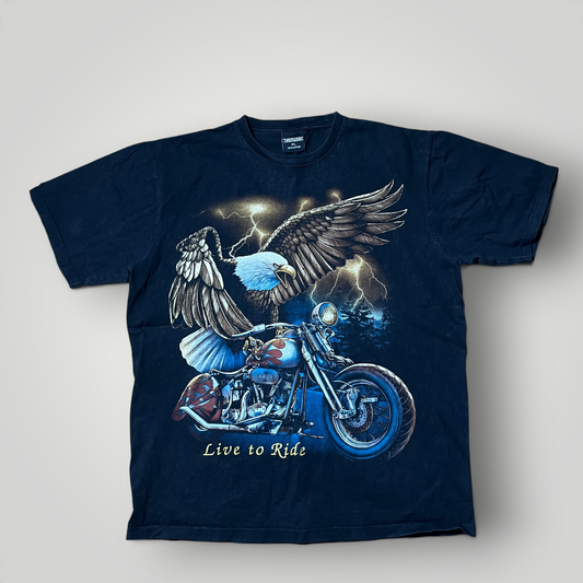 Vintage 2000's Y2K "Live To Ride" Heavy Cotton Tubular Knit Biker Graphic T-Shirt