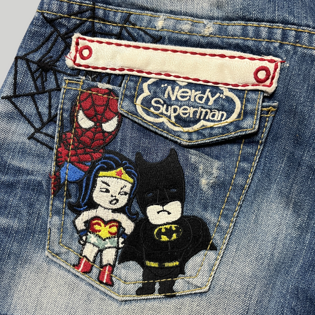 Yoshitomo Nara x Lolita Jeans "Nerdy Superman" Vintage 2000's Y2K Denim Shorts (Дамско)