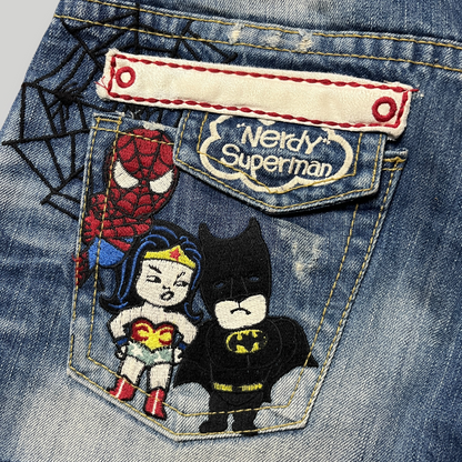 Yoshitomo Nara x Lolita Jeans "Nerdy Superman" Vintage 2000's Y2K Denim Shorts (Дамско)