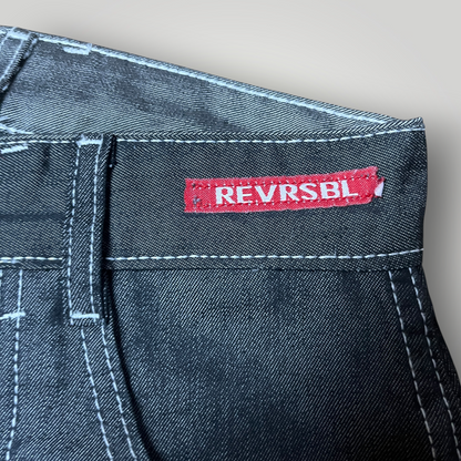 FUBU x Eminem Slim Shady "The Collection" Metallic Grey/Silver Denim Vintage 90's Y2K Hip-Hop Embroidered Reversible Carpenter Jeans !RARE!