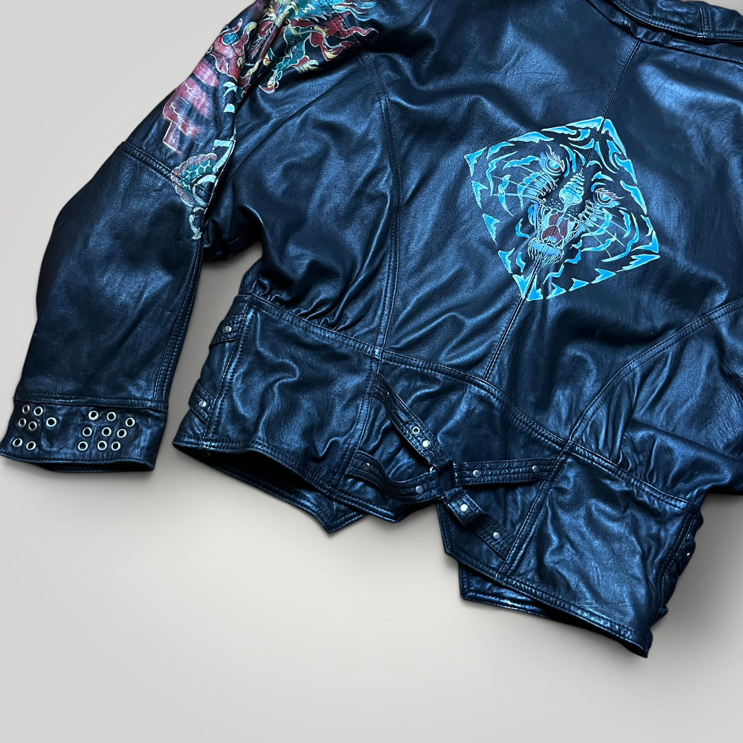 Clan Rome Archive Made in Italy Vintage 80's Japanese Style Dragon Graphic Leather Biker Jacket !RARE!