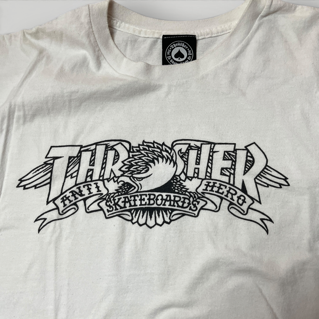 Thrasher x Anti Hero Mag Banner Heavy Cotton Tubular Knit Graphic Skater T-Shirt