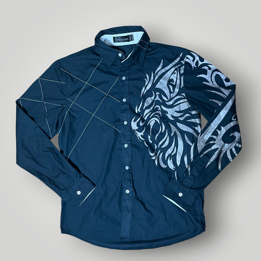 Jeansian Y2K Tribal Graphic Button Up Shirt