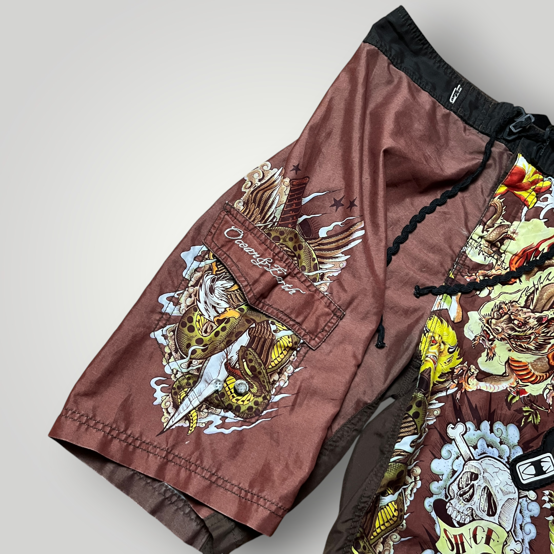 Ocean Earth Ed Hardy Style Y2K Graphic Surf Shorts