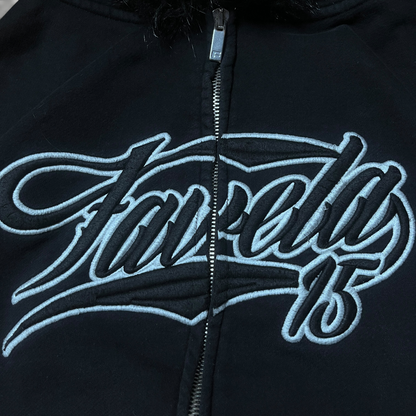 Favela Y2K Skater Baggy Faded Grunge Hip-Hop Emo Heavy Cotton Embroidered Zip-Up Fur Hoodie
