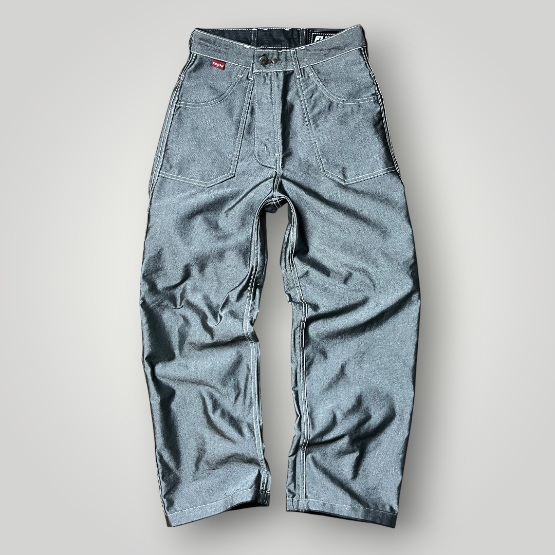 FUBU x Eminem Slim Shady "The Collection" Metallic Grey/Silver Denim Vintage 90's Y2K Hip-Hop Embroidered Reversible Carpenter Jeans !RARE!