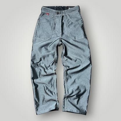 FUBU x Eminem Slim Shady "The Collection" Metallic Grey/Silver Denim Vintage 90's Y2K Hip-Hop Embroidered Reversible Carpenter Jeans !RARE!