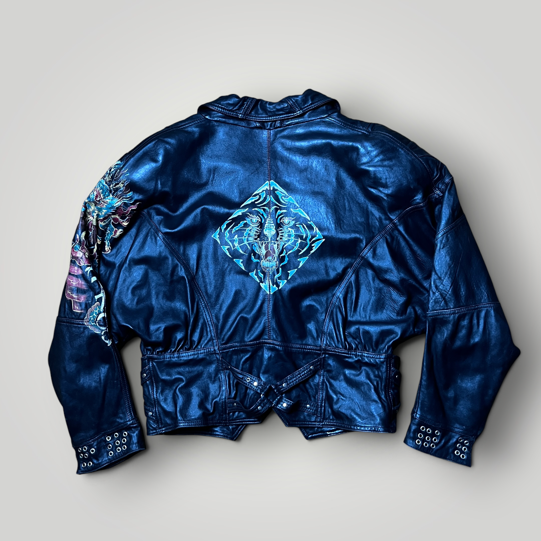 Clan Rome Archive Made in Italy Vintage 80's Japanese Style Dragon Graphic Leather Biker Jacket !RARE!