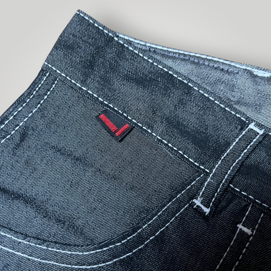 FUBU x Eminem Slim Shady "The Collection" Metallic Grey/Silver Denim Vintage 90's Y2K Hip-Hop Embroidered Reversible Carpenter Jeans !RARE!