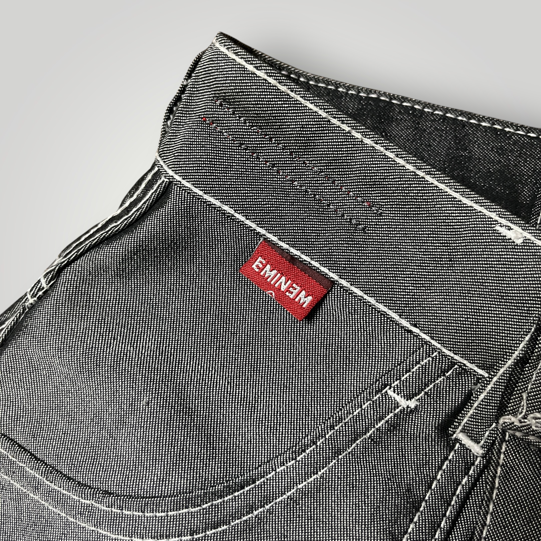 FUBU x Eminem Slim Shady "The Collection" Metallic Grey/Silver Denim Vintage 90's Y2K Hip-Hop Embroidered Reversible Carpenter Jeans !RARE!