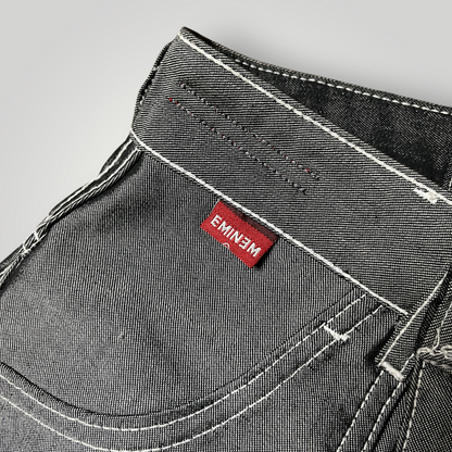 FUBU x Eminem Slim Shady "The Collection" Metallic Grey/Silver Denim Vintage 90's Y2K Hip-Hop Embroidered Reversible Carpenter Jeans !RARE!