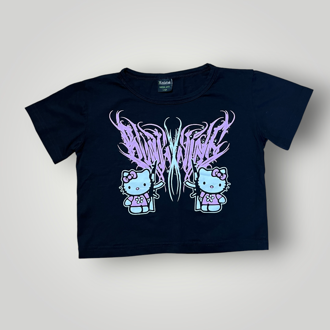 Hello Kitty Y2K Goth Graphic Crop Top T-Shirt (Дамско)