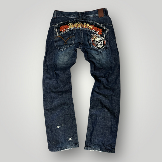Red Pepper "Skull & Wings" Vintage (1998-2004) Distressed Japanese Y2K Stacked Straight Fit Embroidered Straigh Jeans !RARE!
