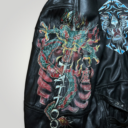Clan Rome Archive Made in Italy Vintage 80's Japanese Style Dragon Graphic Leather Biker Jacket !RARE!