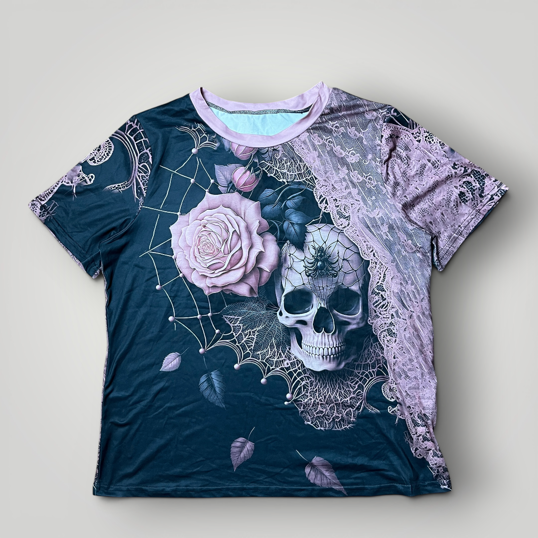 Rose Dust Grey Skull Y2K All Over Print Graphic T-Shirt