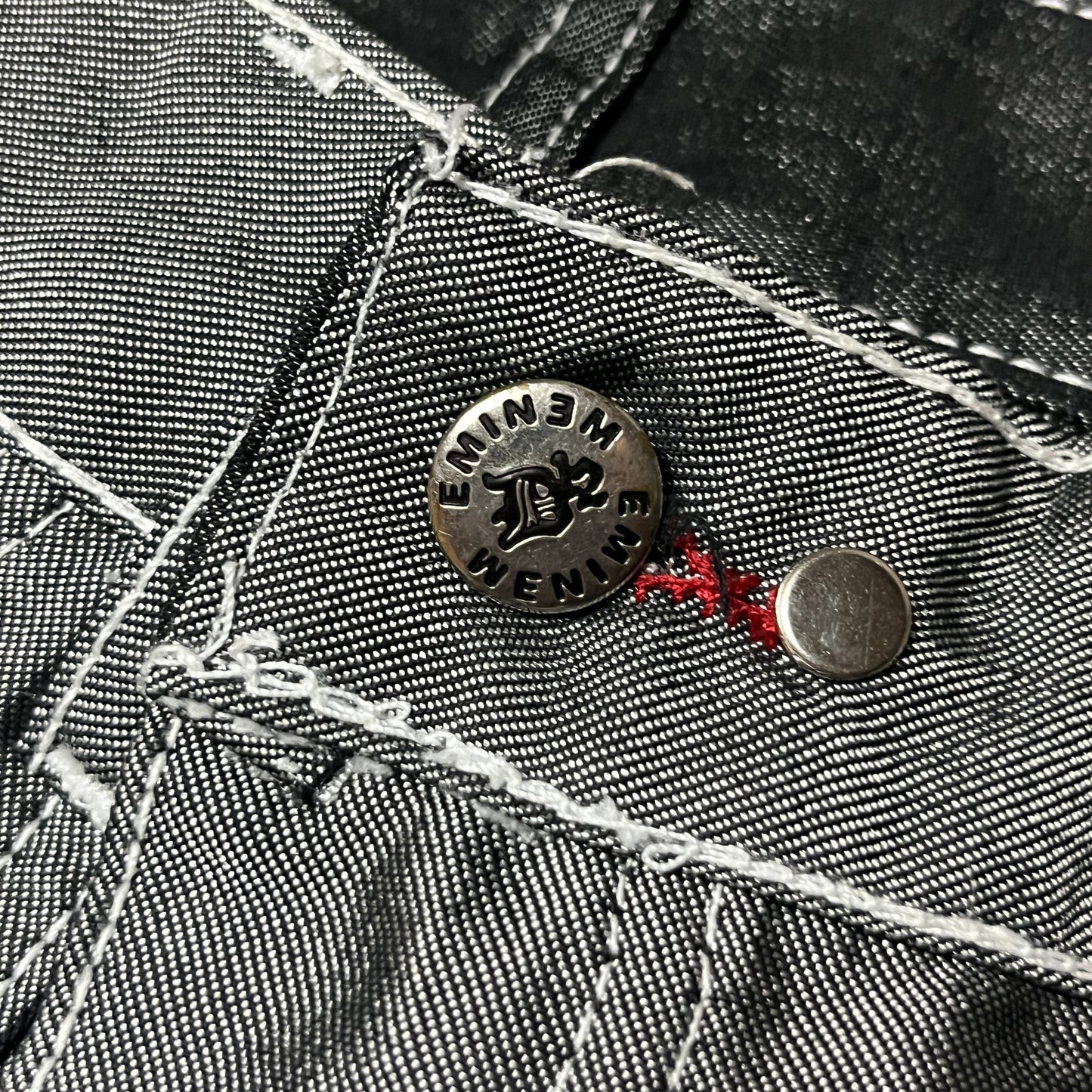 FUBU x Eminem Slim Shady "The Collection" Metallic Grey/Silver Denim Vintage 90's Y2K Hip-Hop Embroidered Reversible Carpenter Jeans !RARE!