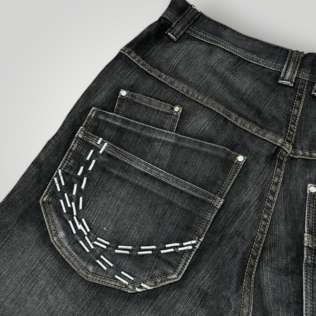 Karl Kani Vintage 2000's "Double Pocket" Wave Stitch Heavy Cotton Y2K Hip-Hop Denim Jorts