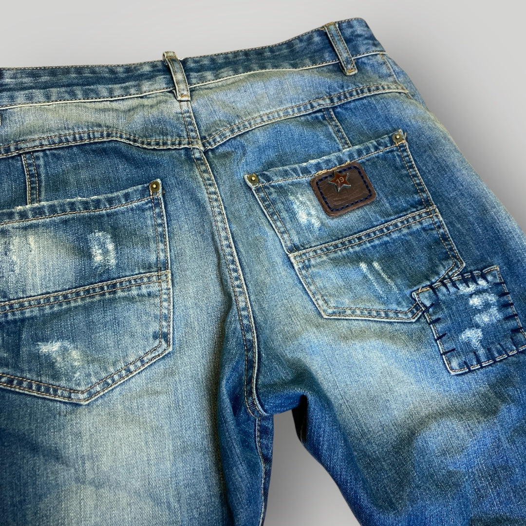 Dsquared2 Vintage Distressed Patchwork Denim Shorts Button Fly