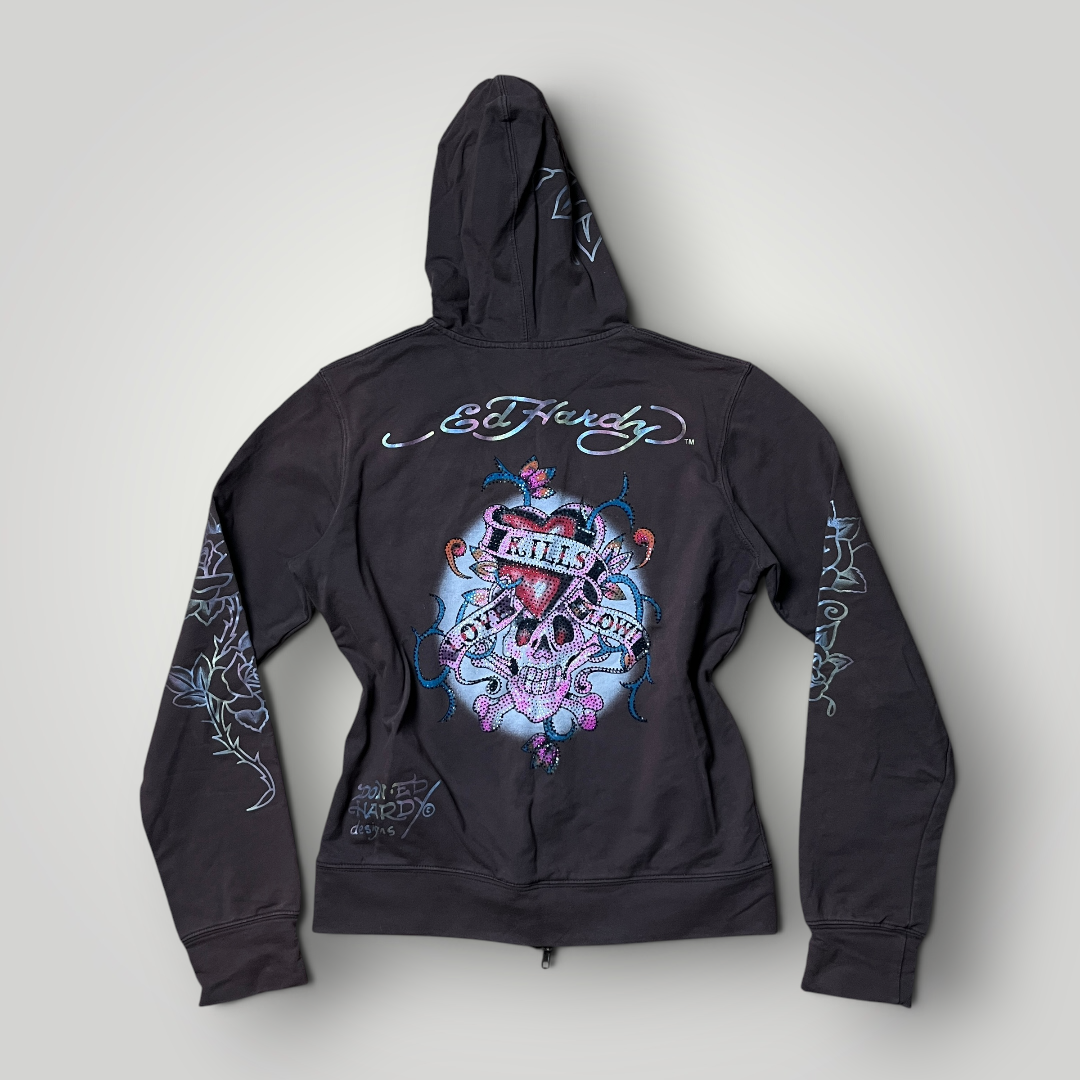 Ed Hardy x Christian Audiger Vintage 2000's Y2K "Love Kills Slowly" Brown Graphic Zip-Up Hoodie (Дамско)