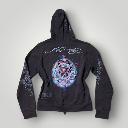 Ed Hardy x Christian Audiger Vintage 2000's Y2K "Love Kills Slowly" Brown Graphic Zip-Up Hoodie (Дамско)