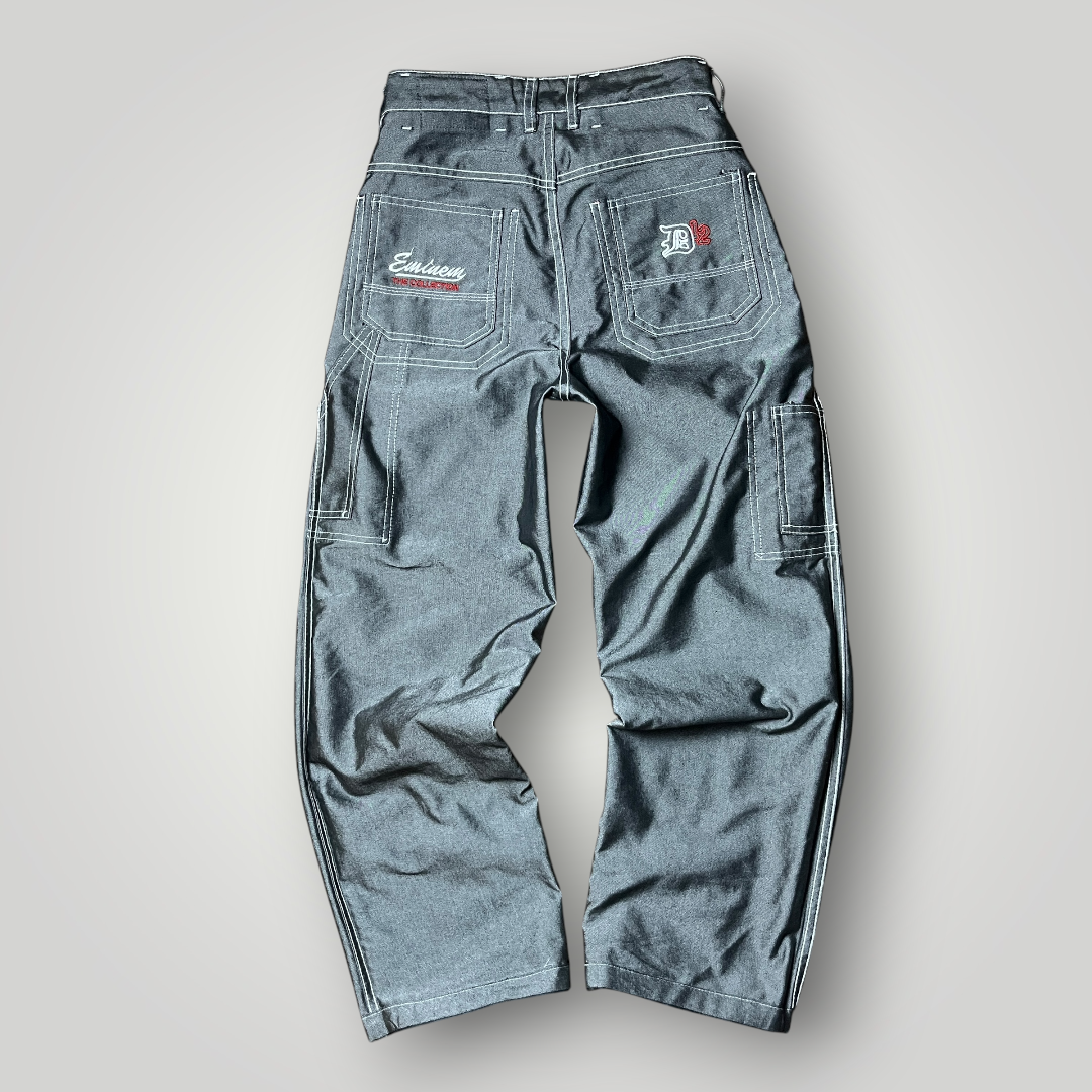 FUBU x Eminem Slim Shady "The Collection" Metallic Grey/Silver Denim Vintage 90's Y2K Hip-Hop Embroidered Reversible Carpenter Jeans !RARE!
