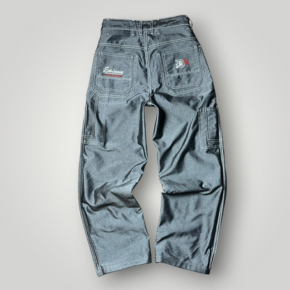 FUBU x Eminem Slim Shady "The Collection" Metallic Grey/Silver Denim Vintage 90's Y2K Hip-Hop Embroidered Reversible Carpenter Jeans !RARE!