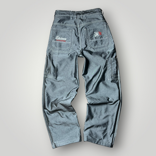 FUBU x Eminem Slim Shady "The Collection" Metallic Grey/Silver Denim Vintage 90's Y2K Hip-Hop Embroidered Reversible Carpenter Jeans !RARE!