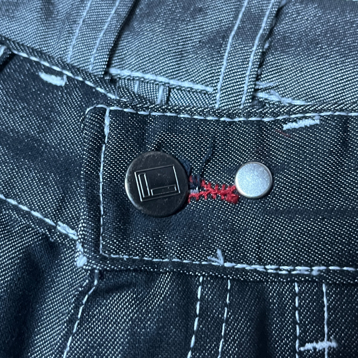 FUBU x Eminem Slim Shady "The Collection" Metallic Grey/Silver Denim Vintage 90's Y2K Hip-Hop Embroidered Reversible Carpenter Jeans !RARE!