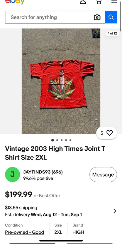 High Times "Lit Joint & Weed Leaf" Vintage 2003 Tubular Knit Heavy Cotton Graphic T-Shirt
