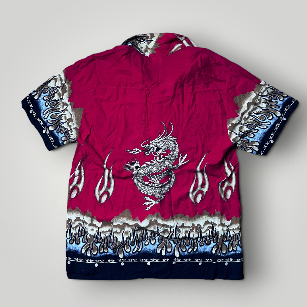 Pareo Firetta Vintage 2000's Y2K Dragon Flame Japanese Style Graphic Button-Up Shirt
