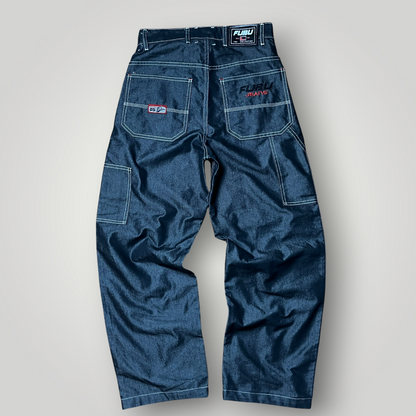FUBU x Eminem Slim Shady "The Collection" Metallic Grey/Silver Denim Vintage 90's Y2K Hip-Hop Embroidered Reversible Carpenter Jeans !RARE!