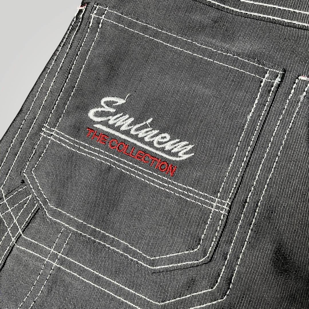 FUBU x Eminem Slim Shady "The Collection" Metallic Grey/Silver Denim Vintage 90's Y2K Hip-Hop Embroidered Reversible Carpenter Jeans !RARE!