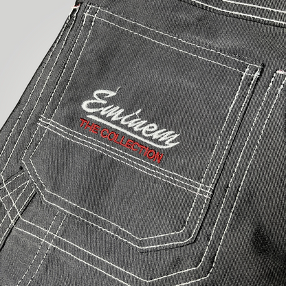 FUBU x Eminem Slim Shady "The Collection" Metallic Grey/Silver Denim Vintage 90's Y2K Hip-Hop Embroidered Reversible Carpenter Jeans !RARE!