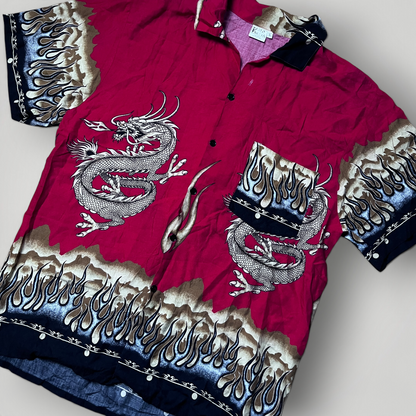 Pareo Firetta Vintage 2000's Y2K Dragon Flame Japanese Style Graphic Button-Up Shirt