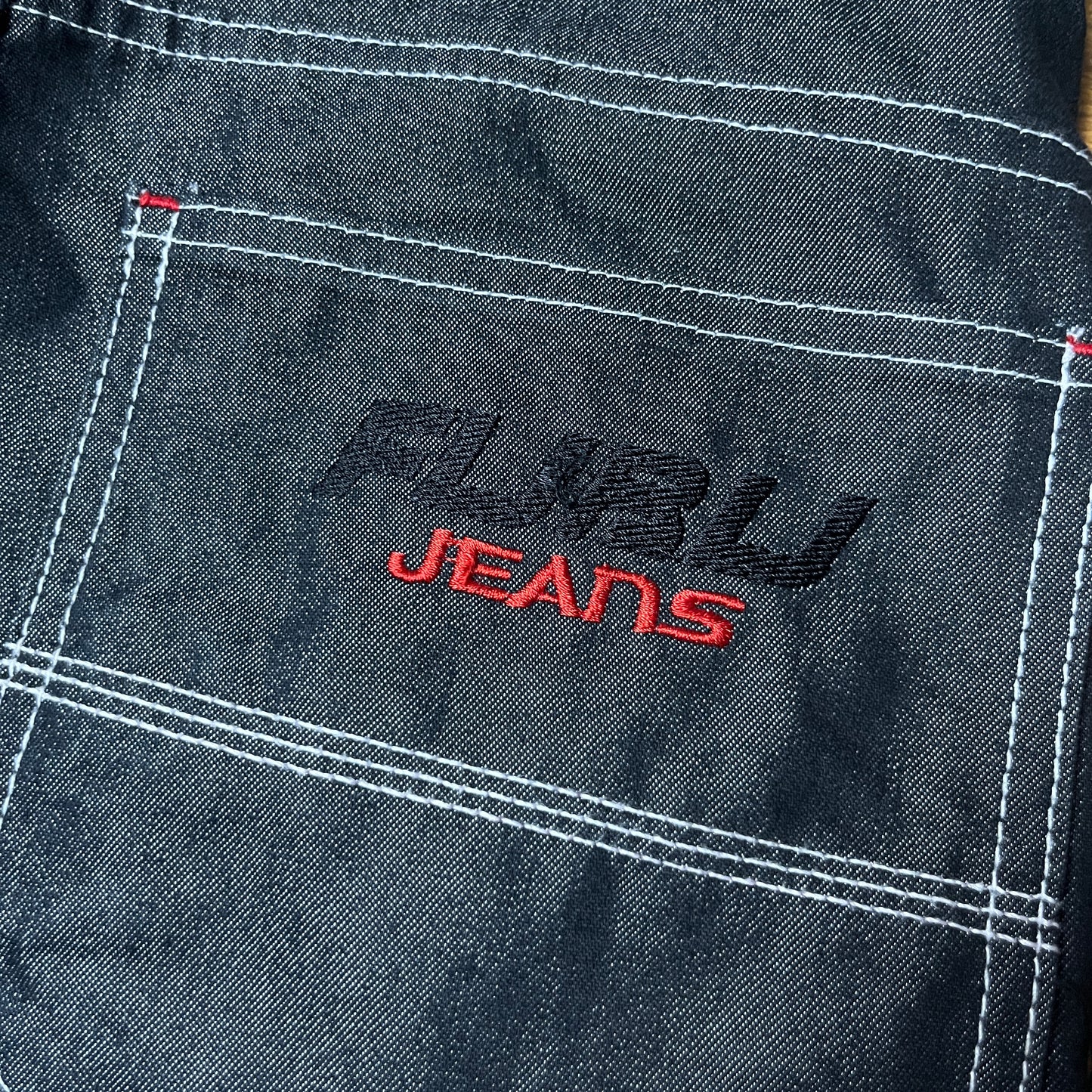 FUBU x Eminem Slim Shady "The Collection" Metallic Grey/Silver Denim Vintage 90's Y2K Hip-Hop Embroidered Reversible Carpenter Jeans !RARE!