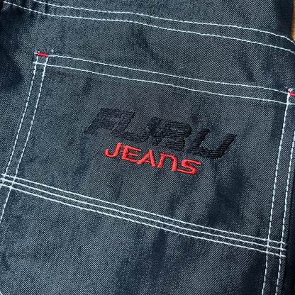 FUBU x Eminem Slim Shady "The Collection" Metallic Grey/Silver Denim Vintage 90's Y2K Hip-Hop Embroidered Reversible Carpenter Jeans !RARE!