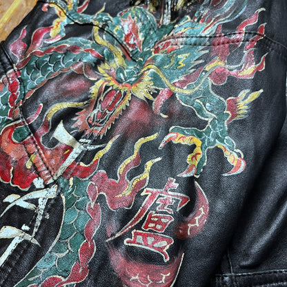 Clan Rome Archive Made in Italy Vintage 80's Japanese Style Dragon Graphic Leather Biker Jacket !RARE!