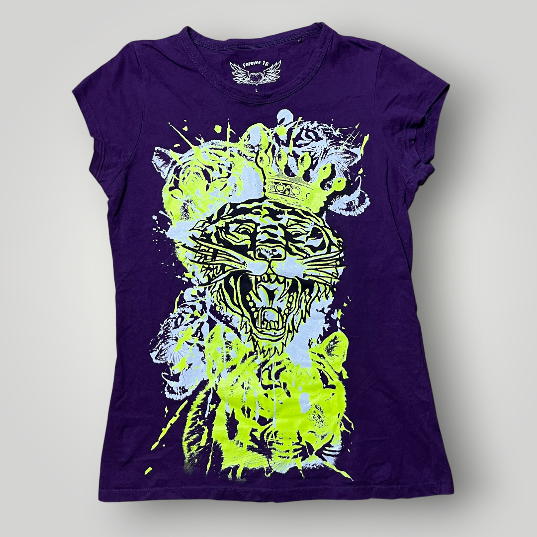 Forever 18 Vintage 2000's Y2K Ed Hardy Style Heavy Cotton Deep Purple Baby Cut T-Shirt (Дамско)