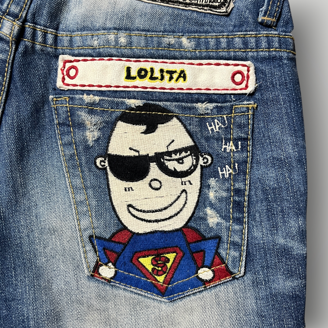 Yoshitomo Nara x Lolita Jeans "Nerdy Superman" Vintage 2000's Y2K Denim Shorts (Дамско)