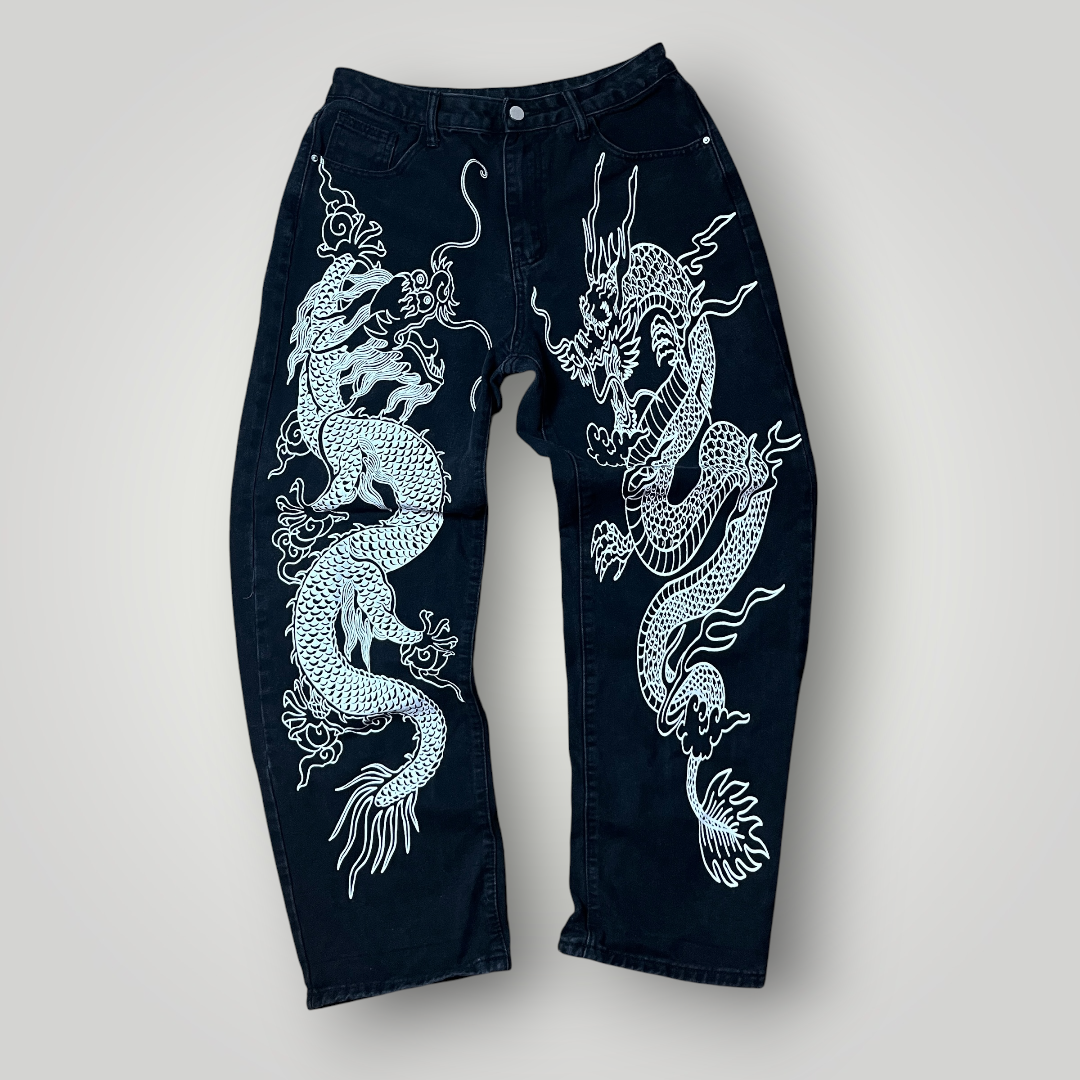 Shein Y2K Japanese Dragons Graphic Jeans (Дамско)