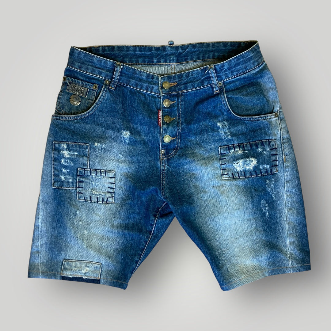 Dsquared2 Vintage Distressed Patchwork Denim Shorts Button Fly