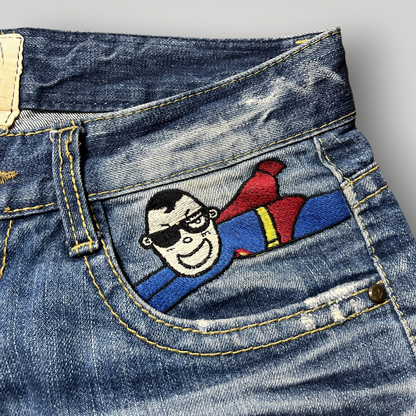 Yoshitomo Nara x Lolita Jeans "Nerdy Superman" Vintage 2000's Y2K Denim Shorts (Дамско)