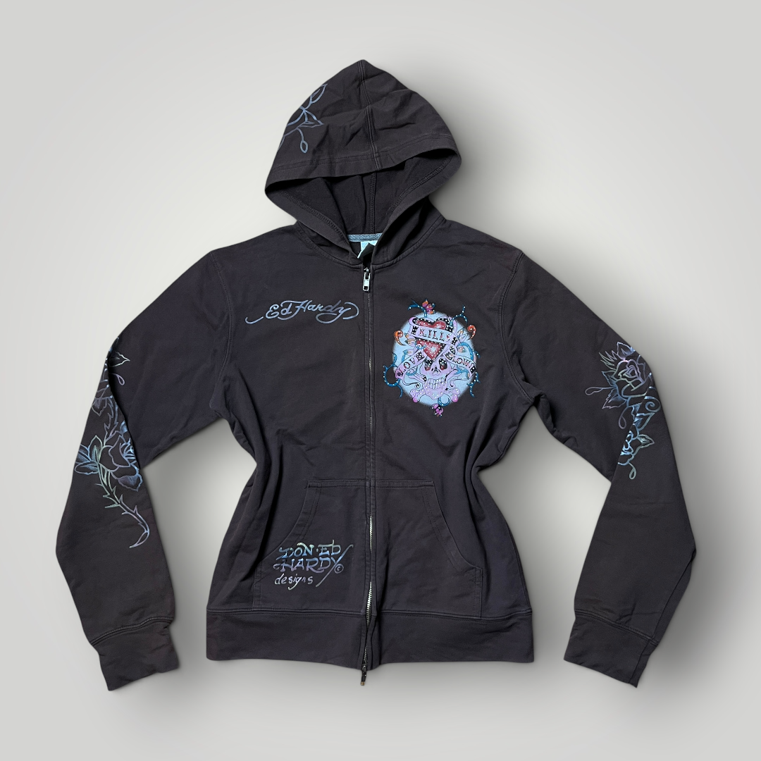 Ed Hardy x Christian Audiger Vintage 2000's Y2K "Love Kills Slowly" Brown Graphic Zip-Up Hoodie (Дамско)