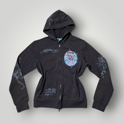 Ed Hardy x Christian Audiger Vintage 2000's Y2K "Love Kills Slowly" Brown Graphic Zip-Up Hoodie (Дамско)
