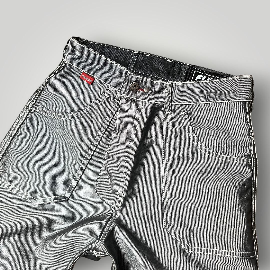 FUBU x Eminem Slim Shady "The Collection" Metallic Grey/Silver Denim Vintage 90's Y2K Hip-Hop Embroidered Reversible Carpenter Jeans !RARE!